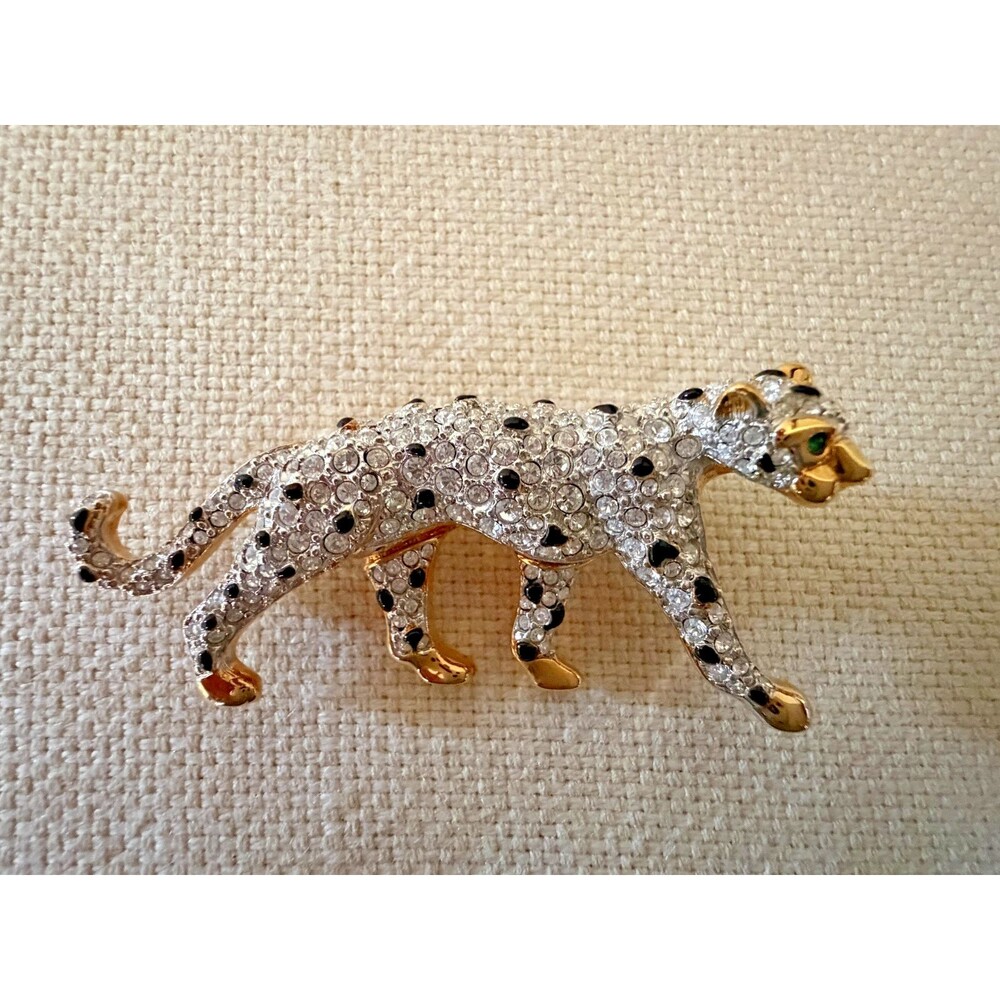 Designer Signed Swarovski Pave' Crystal Gold Leopard Brooch Pin Retired Signed